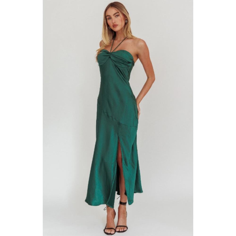 Selfie Leslie Halter Strap Gathered Satin Midi Dress Forest Green Large